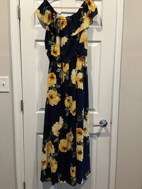 Premier Amour Women’s Navy Floral Off-Shoulder Maxi Dress - Yellow Floral SZ 14
